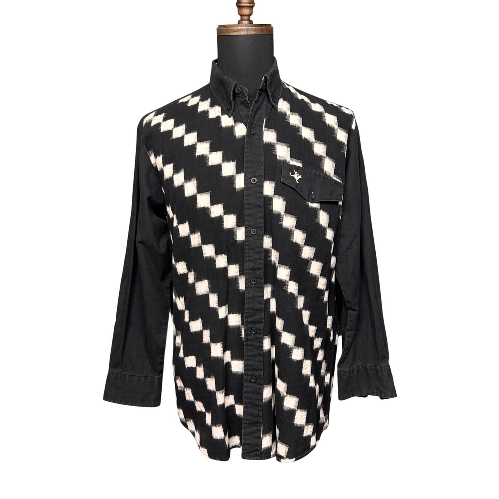Lone Roo by Roper Western Shirt Mens Large Black White Ikat Checkered Rockabilly